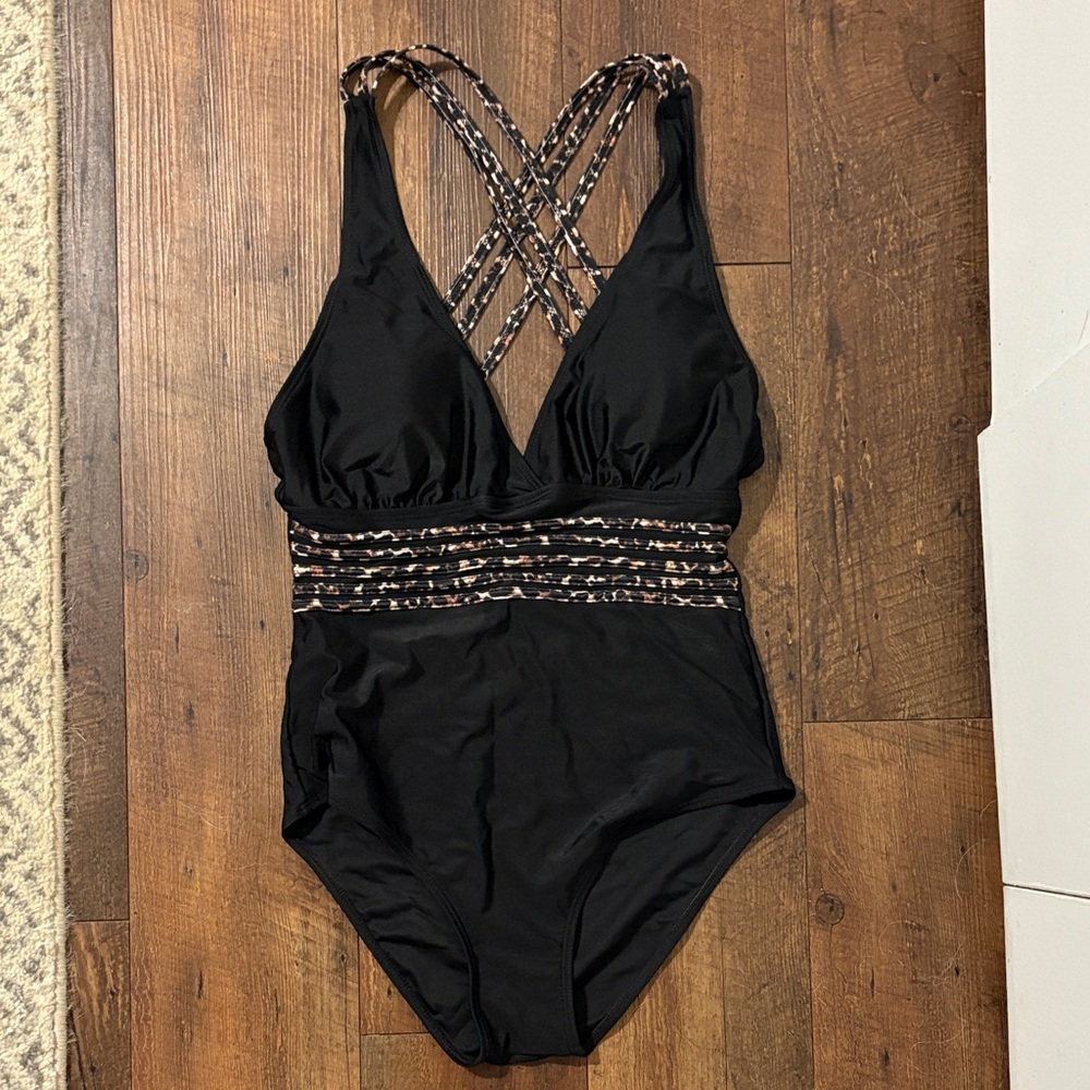 Black One-Piece Swimsuit with Leopard Straps